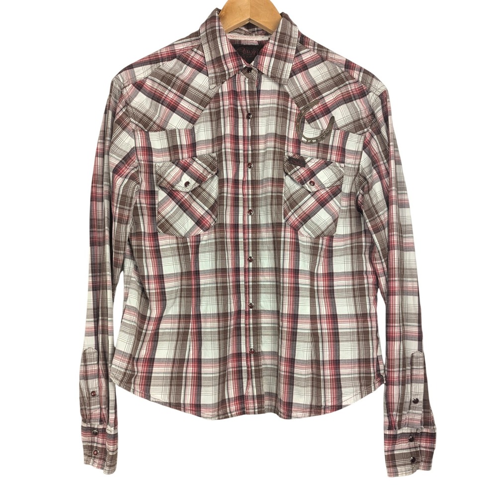 L Cowgirl Hardware Womens Plaid Western Snap Shirt Rhinestone Horseshoe Brown